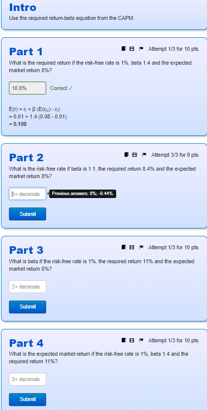  Intro Use the required return-beta equation from the CAPM. Part 1