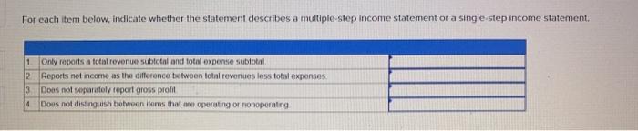  For each item below, indicate whether the statement describes a multiple-step
