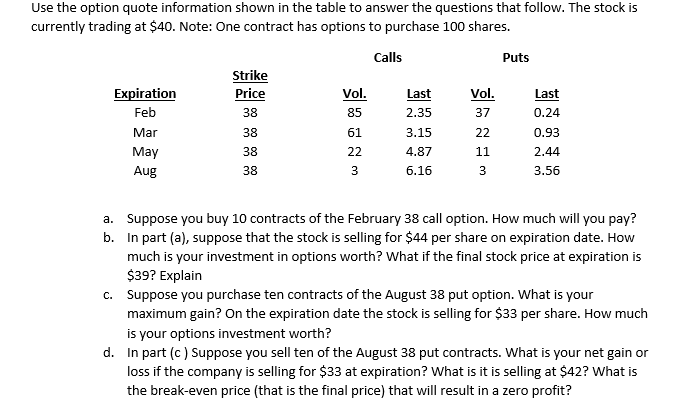  Use the option quote information shown in the table to answer