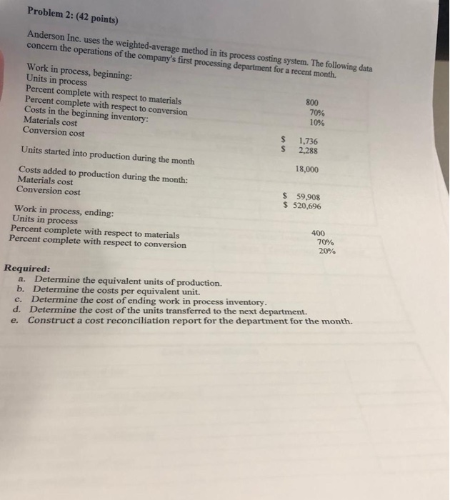  Problem 2: (42 points) Anderson Inc. uses the weighted-average method in