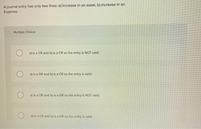  A journal entry has only two lines: a) Increase in an