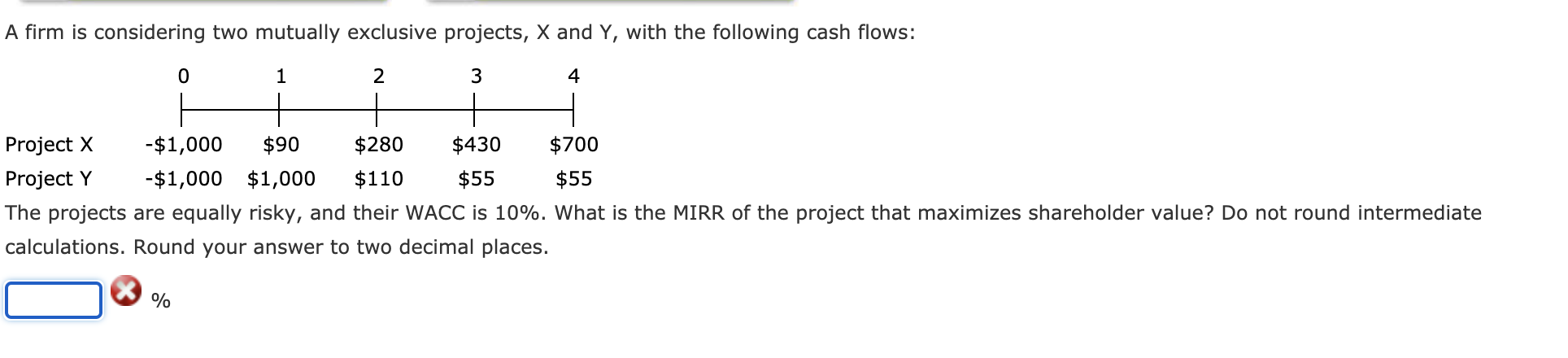 A firm is considering two mutually exclusive projects, X and Y,