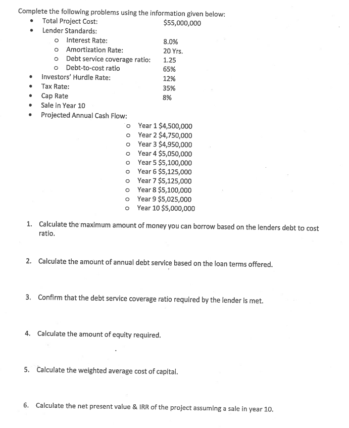  Complete the following problems using the information given below: Total Project