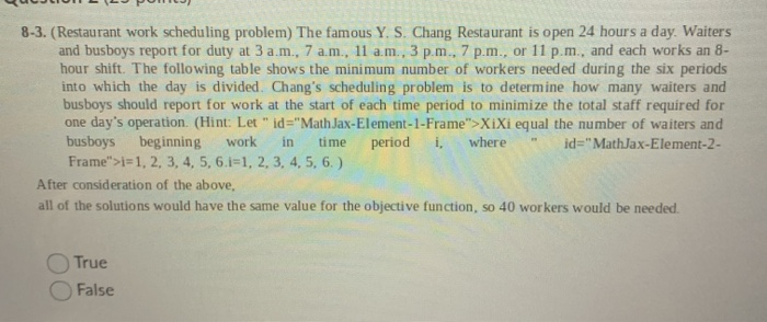  8-3. (Restaurant work scheduling problem) The famous Y. S. Chang Restaurant