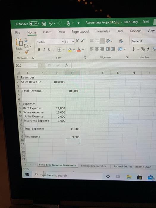 entries related to the first year's Income Statement and Balance Sheet at
