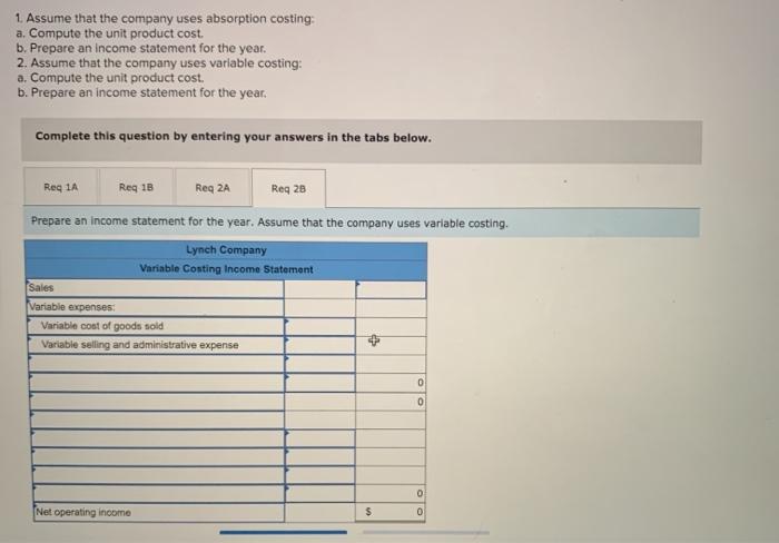 Statements [LO7-1, LO7-2] Lynch Company manufactures and sells a single product. The