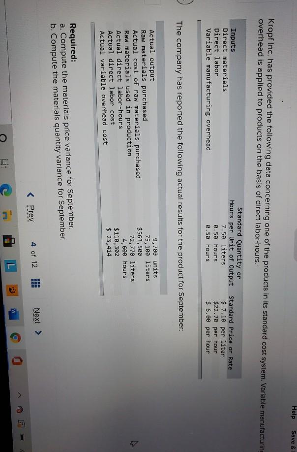  Help Save & Kropf Inc. has provided the following data concerning