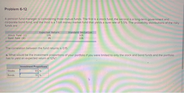  Problem 6-12 A pension fund manager is considering three mutual funds.