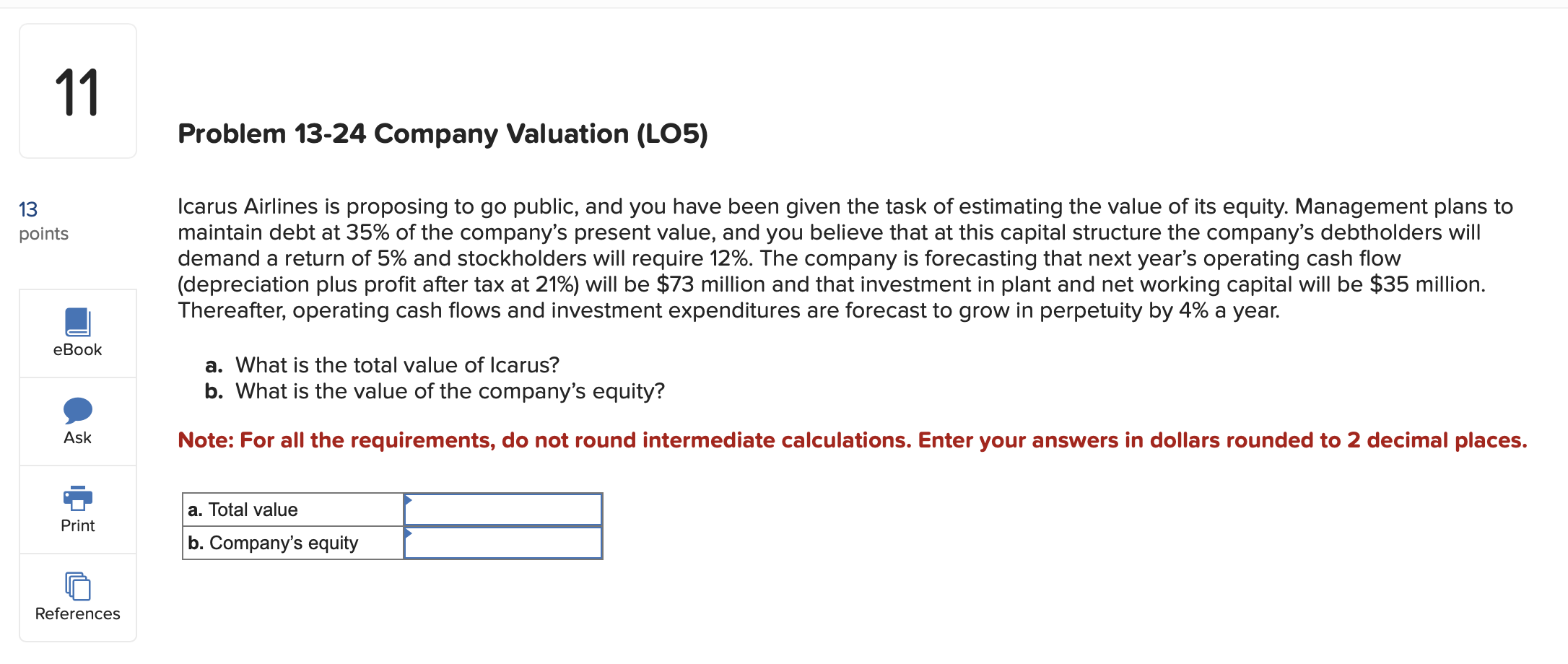  Problem 13-24 Company Valuation (LO5) Icarus Airlines is proposing to go