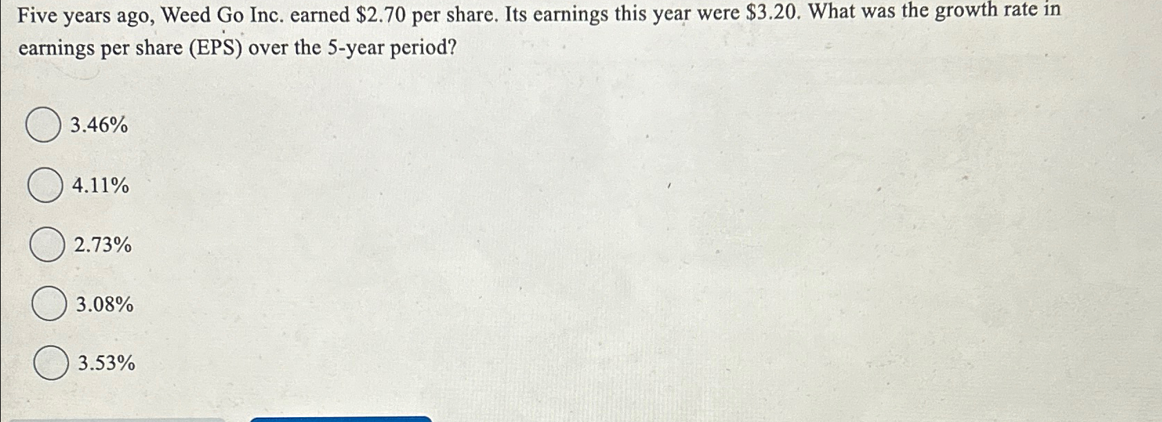  Five years ago, Weed Go Inc. earned $2.70 per share. Its