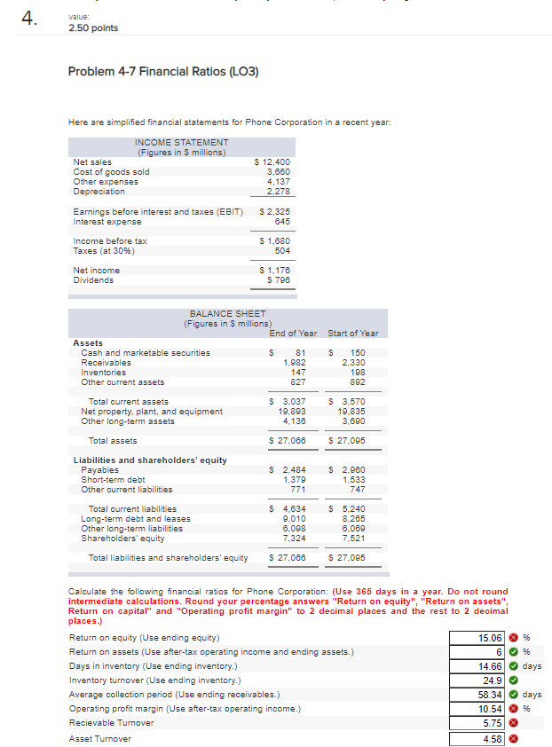 4. value: 2.50 points Problem 4-7 Financial Ratios (L03) Here are