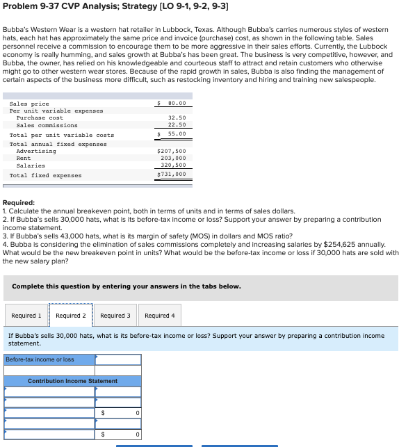  Problem 9-37 CVP Analysis; Strategy [LO 9-1, 9-2, 9-3] Bubba's Western