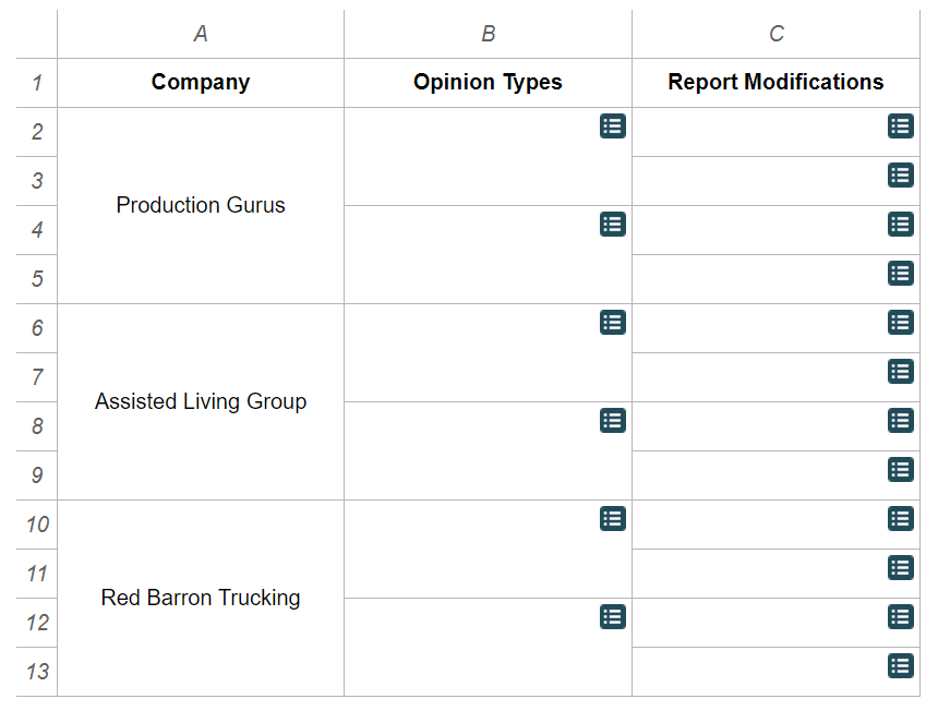 Answer choices for column C: Below are images of the supporting documents