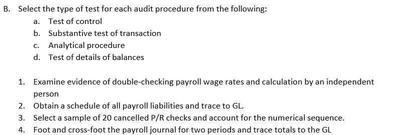  B. Select the type of test for each audit procedure from