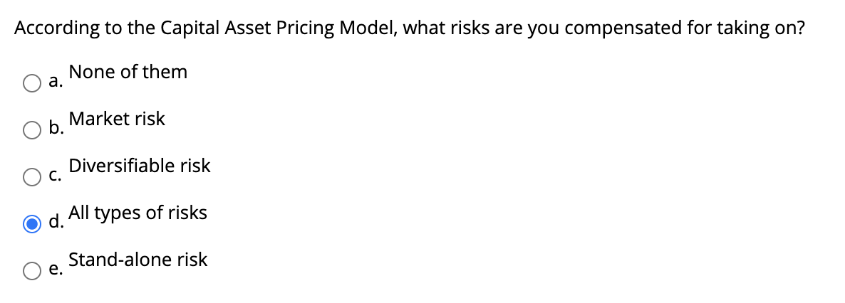 According to the Capital Asset Pricing Model, what risks are you