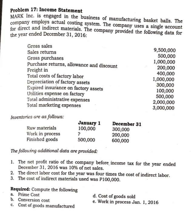 Problem 17: Income Statement MARK Inc. is engaged in the business