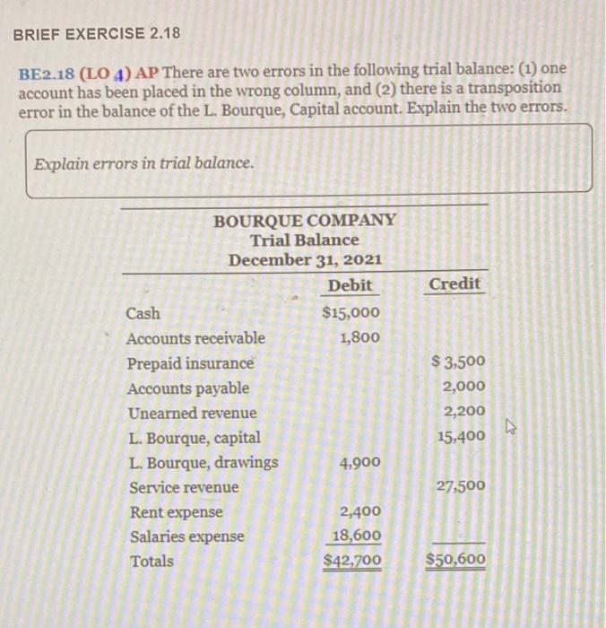  BRIEF EXERCISE 2.18 BE2.18 (LO 4) AP There are two errors