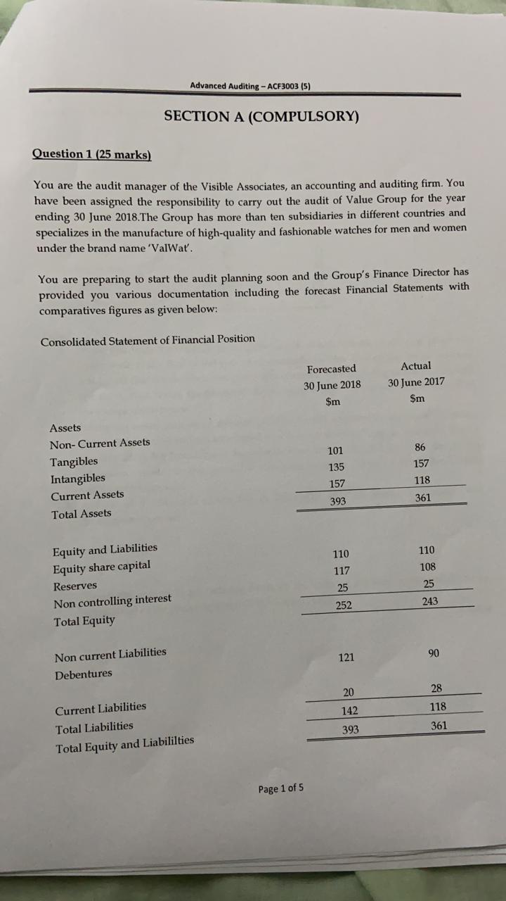  Advanced Auditing - ACF3003 (5) SECTION A (COMPULSORY) Question 1 (25