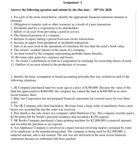 Assignment -1 Answer the following question and submit by the Due