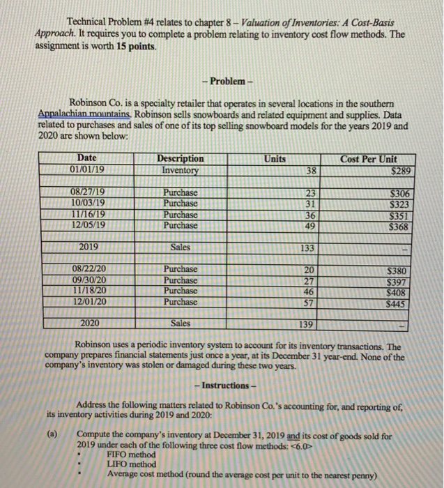  Technical Problem #4 relates to chapter 8 - Valuation of Inventories: