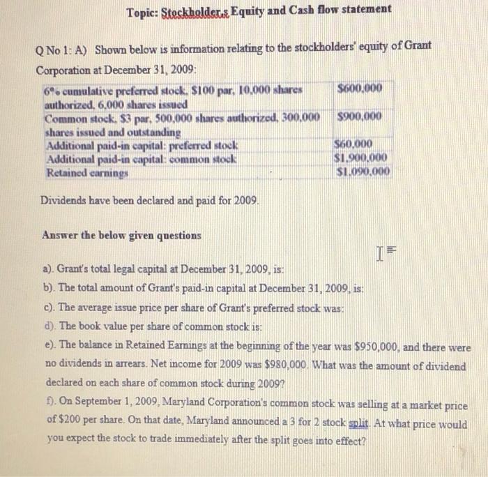  Topic: Steskhaldste Equity and Cash flow statement Q No 1: A)
