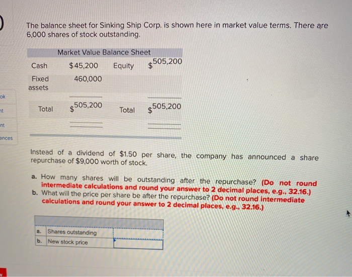  The balance sheet for Sinking Ship Corp. is shown here in