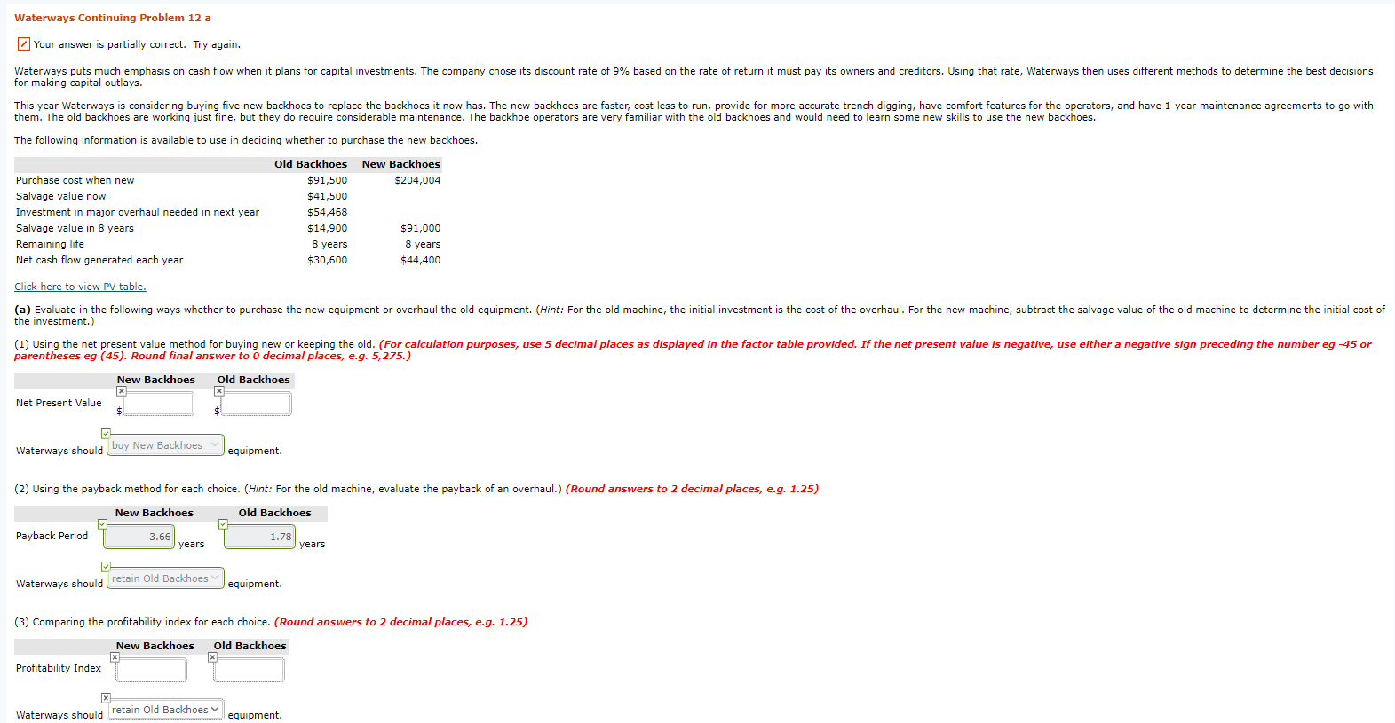 Waterways Continuing Problem 12 a Your answer is partially correct. Try