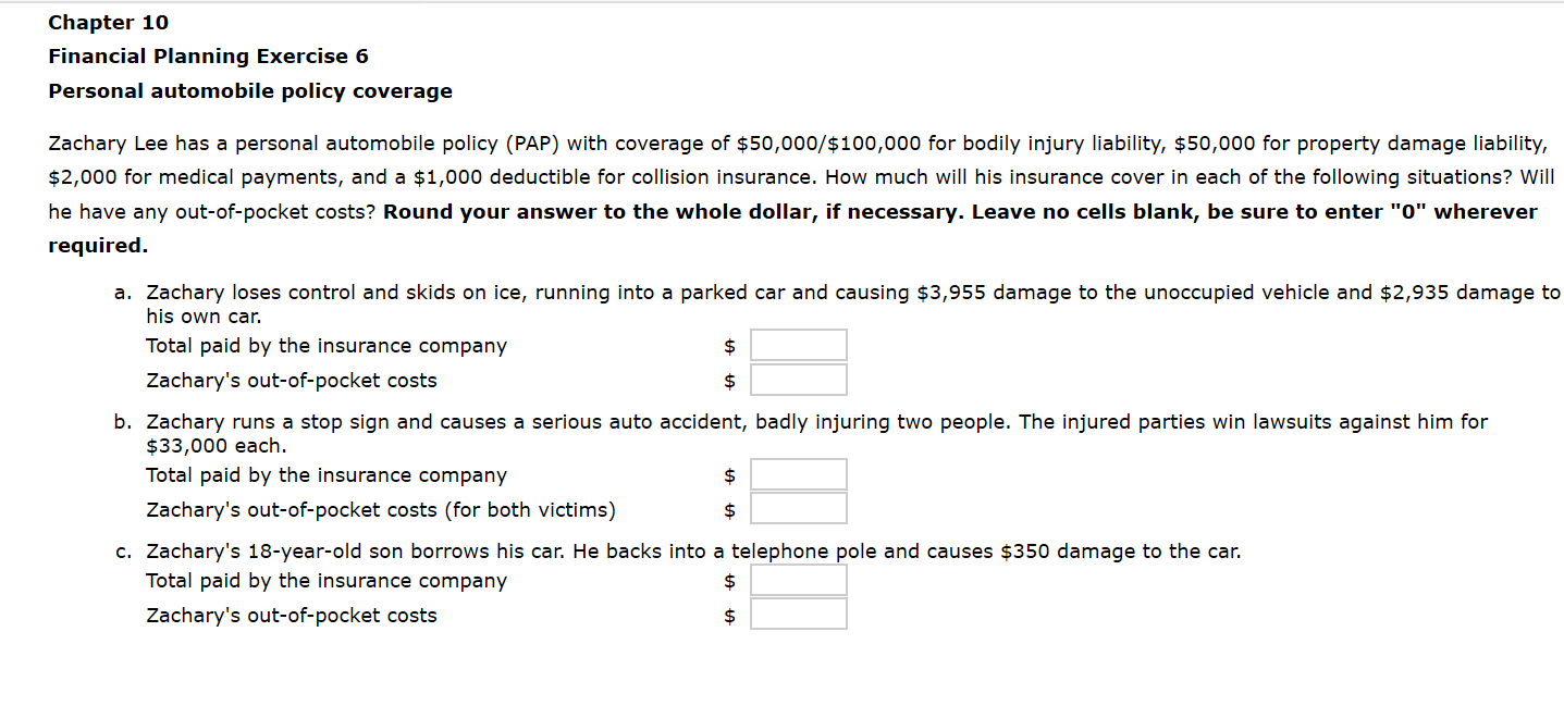  Chapter 10 Financial Planning Exercise 6 Personal automobile policy coverage Zachary
