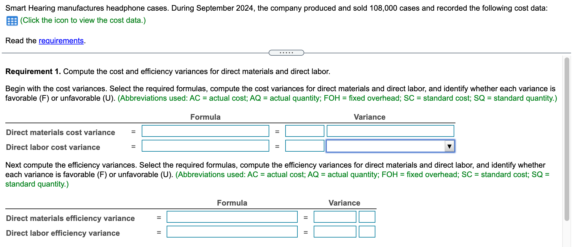 Information Quantity Cost nc ble Direct Materials 2 parts $0.16 per part