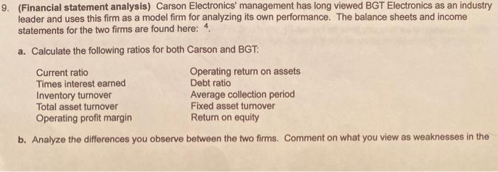  9. (Financial statement analysis) Carson Electronics' management has long viewed BGT