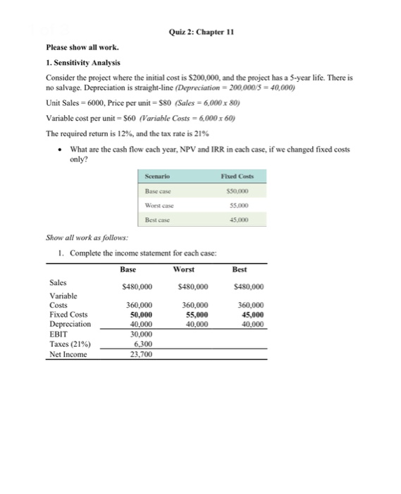  please show all work Quiz 2: Chapter 11 Please show all