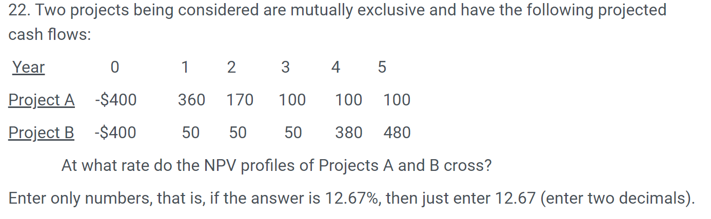 22. Two projects being considered are mutually exclusive and have the