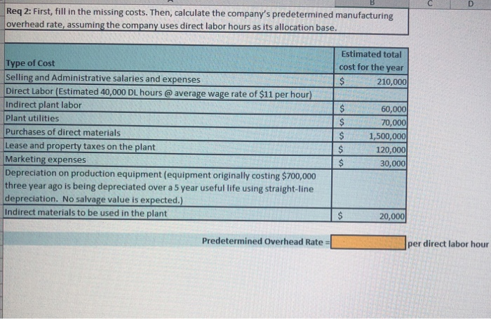  Req 2: First, fill in the missing costs. Then, calculate the