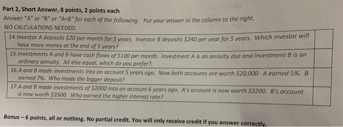  Part 2, Short Answer, 8 points, 2 points each Answer "A"