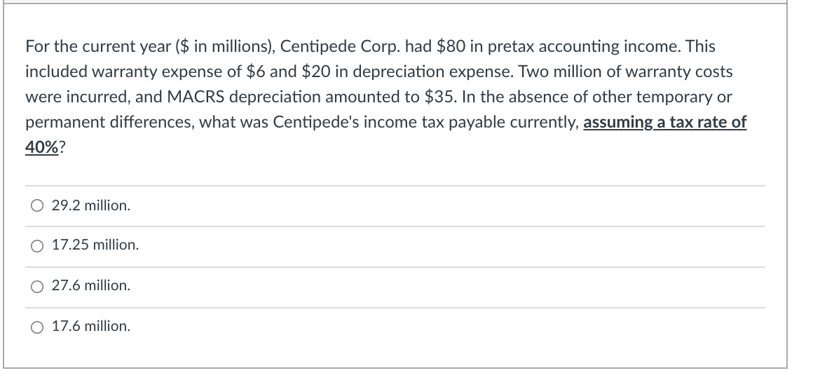  For the current year ($ in millions), Centipede Corp. had $80
