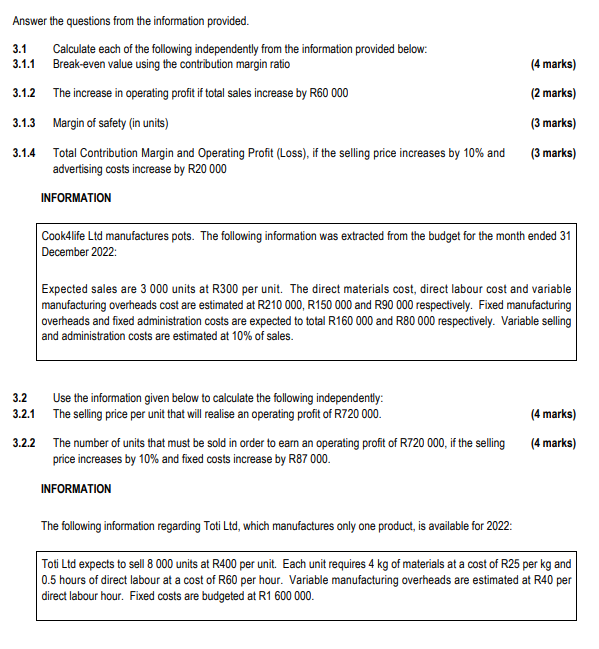  3.1 3.1.1 (4 marks) (2 marks) Answer the questions from the