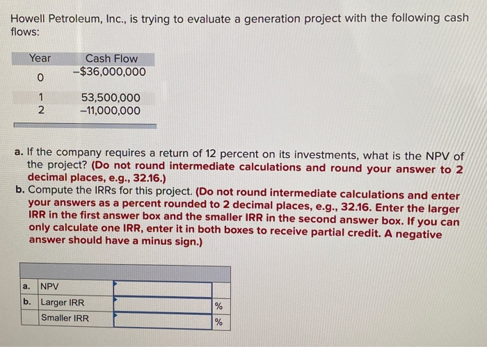  Howell Petroleum, Inc., is trying to evaluate a generation project with