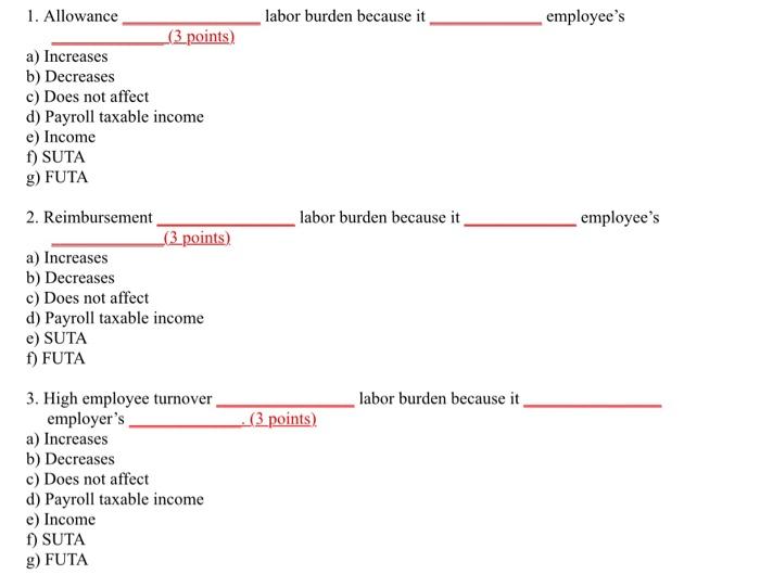  labor burden because it employee's 1. Allowance (3.points) a) Increases b)