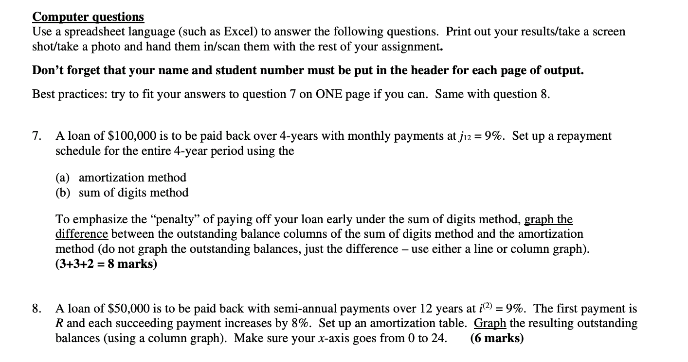 Computer questions Use a spreadsheet language (such as Excel) to answer