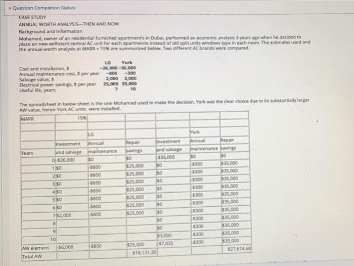 please solve step by step Question Completion Status CASE STUDY ANNUAL WORTH