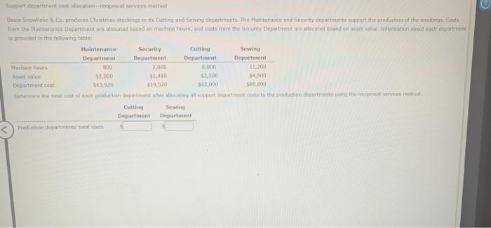 Sport department cost allocation --reciprocal services method Davis Snowflake Co prodites