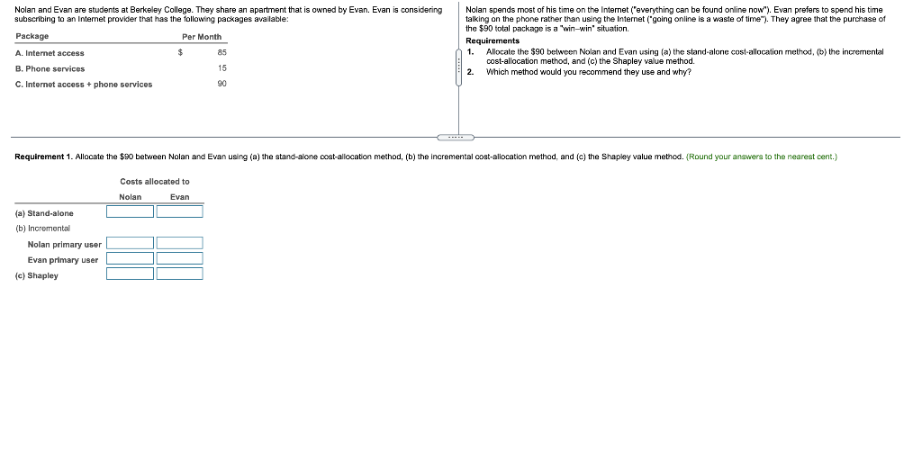 Requirements 1. Allocate the $90 between Nolan and Evan using (a) the