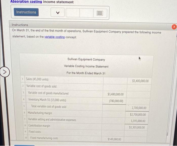 please help :( Absorption costing income statement Instructions Instructions On March 31,