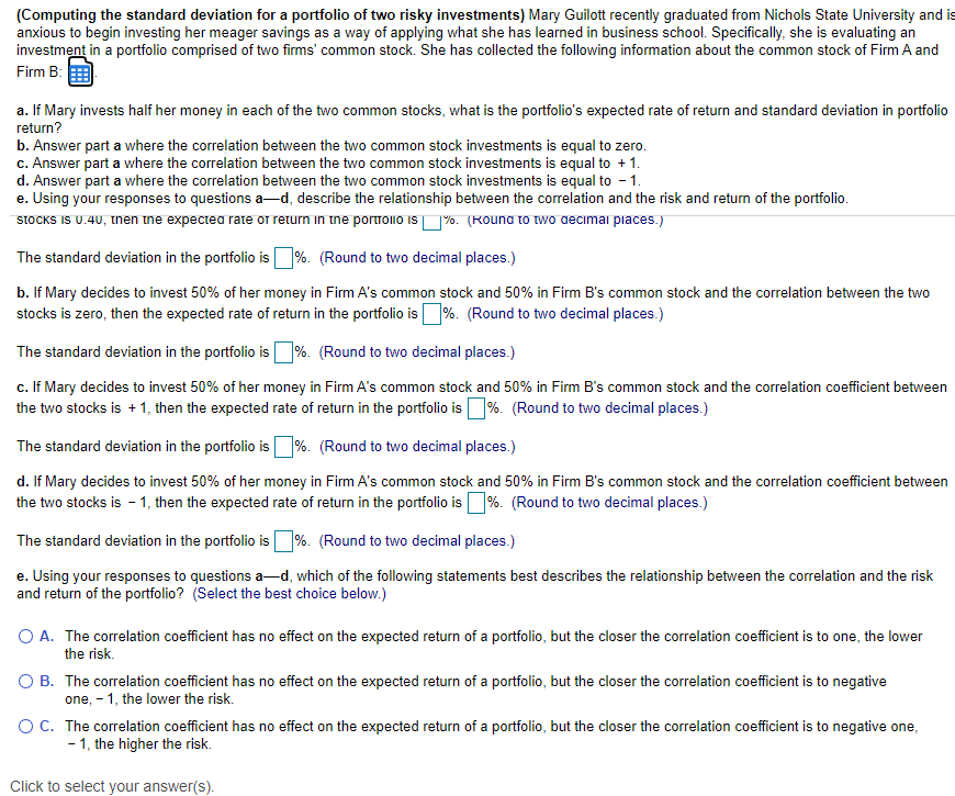 0.23 Firm A's common stock Firm B's common stock Correlation coefficient Print
