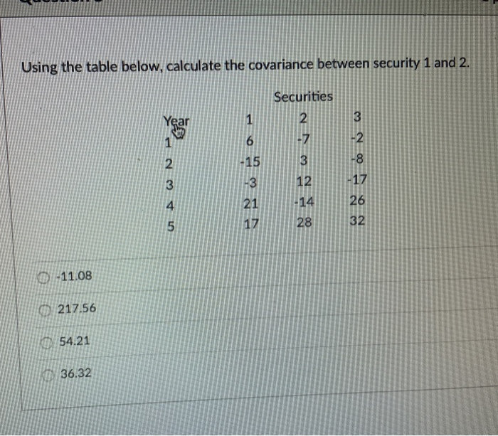  Using the table below, calculate the covariance between security 1 and