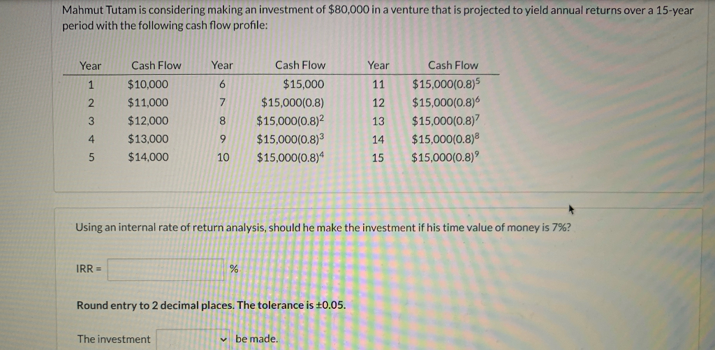 investment if his time value of money is 9%? IRR = %