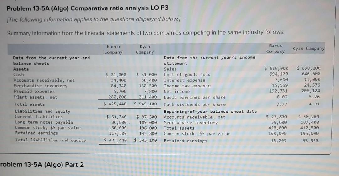 Problem 13-5A (Algo) Comparative ratio analysis Part 2 Problem 13-5A (Algo) Comparative