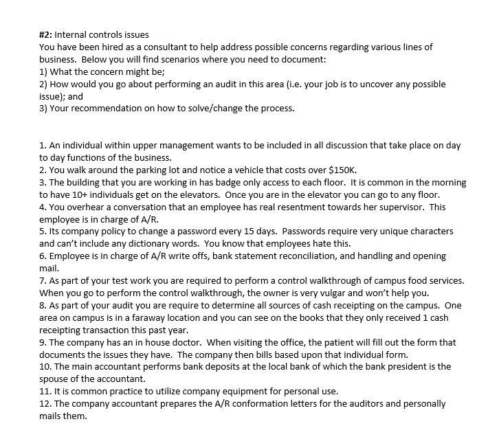  #2: Internal controls issues You have been hired as a consultant