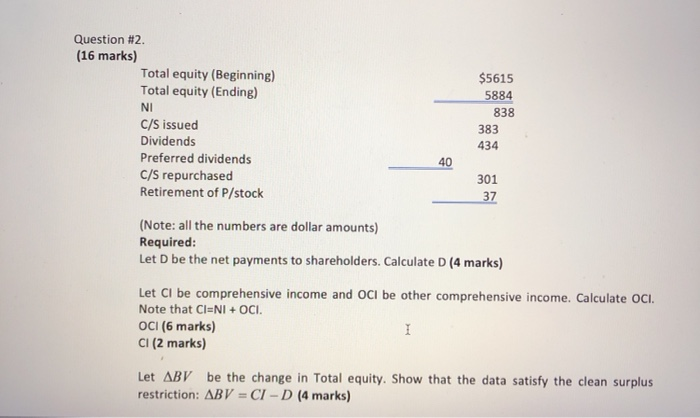  Question #2 (16 marks) Total equity (Beginning) Total equity (Ending) NI