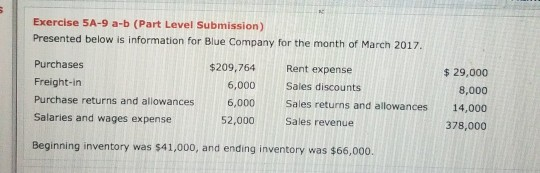 Exercise 5A-9 a-b (Part Level Submission) Presented below is information for